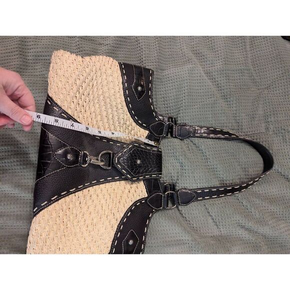 Brighton Handbag Shoulder Bag Woven Straw Patent Croc Leather Studded Satchel - Picture 6 of 8